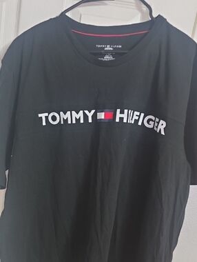 Tommy Hilfiger Black Tee with White Logo and Red-Navy Flag
